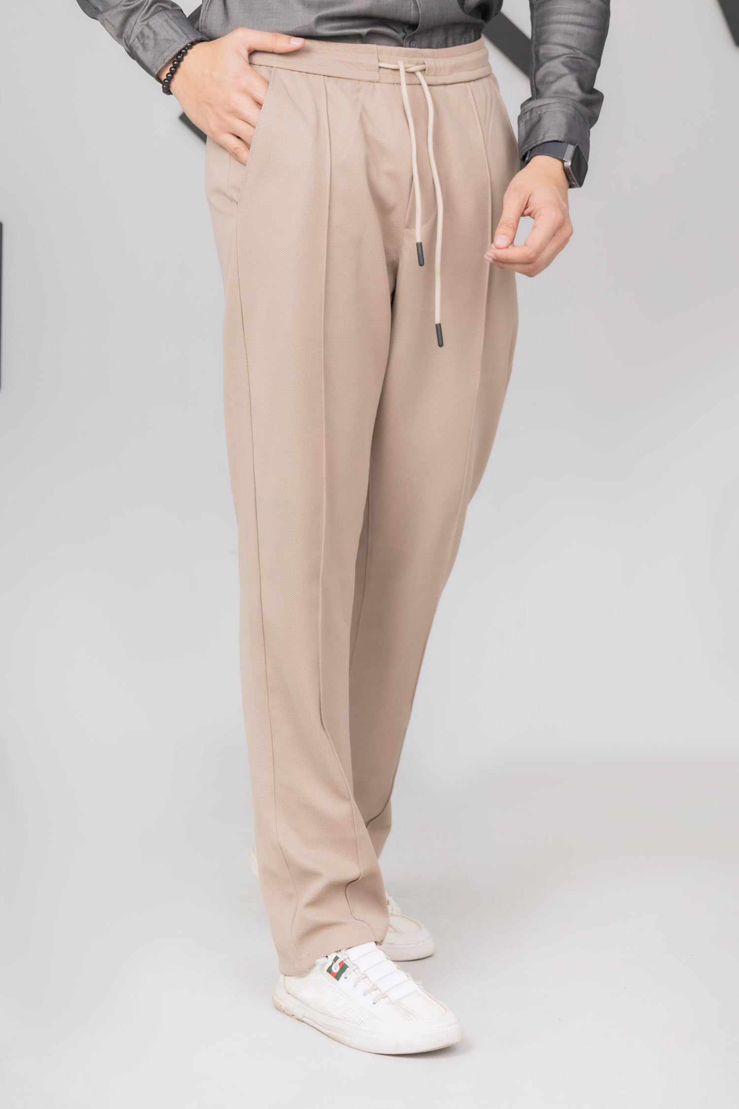 Beige Front Plated Trouser