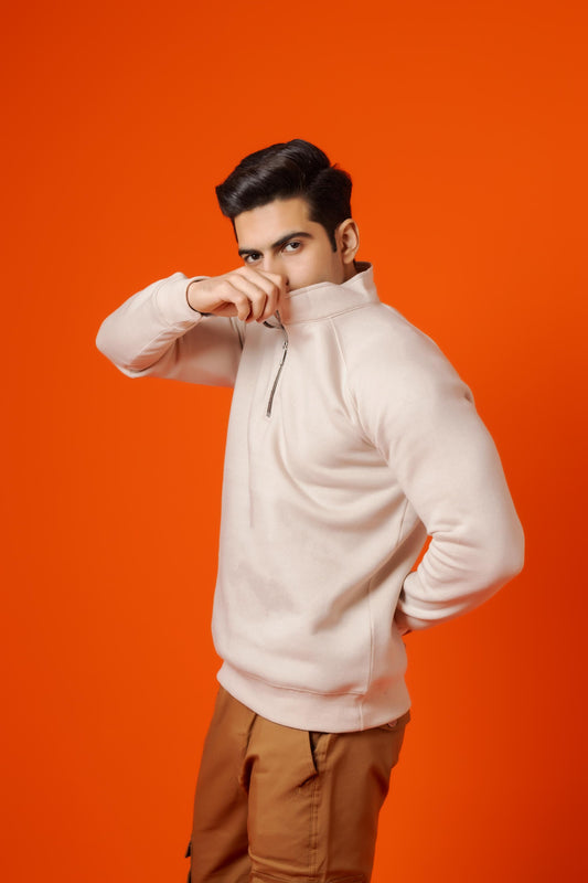 Pearl Creamy Cotton Flees Zip Shirt