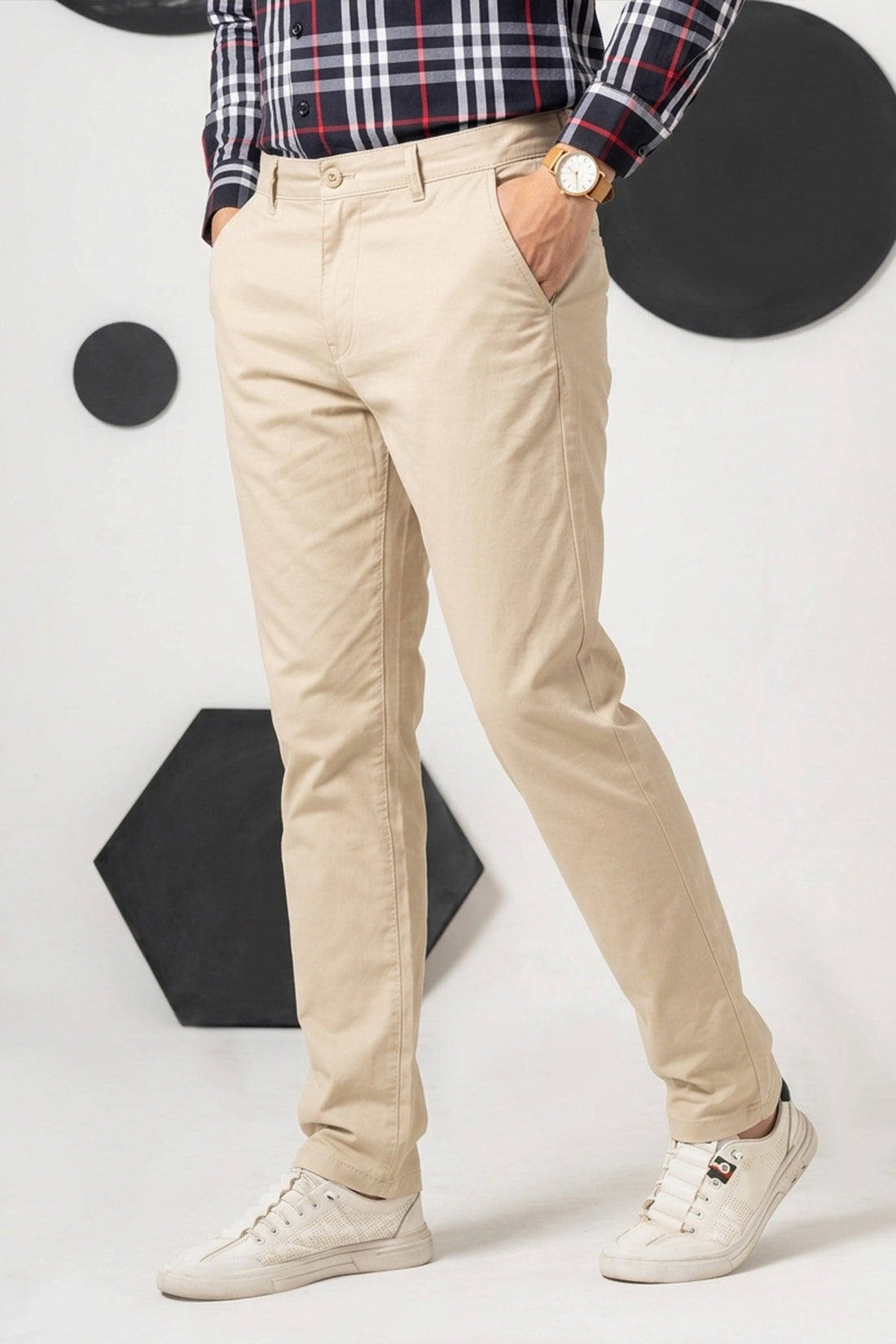 Beige Straight Fit Cotton Pant