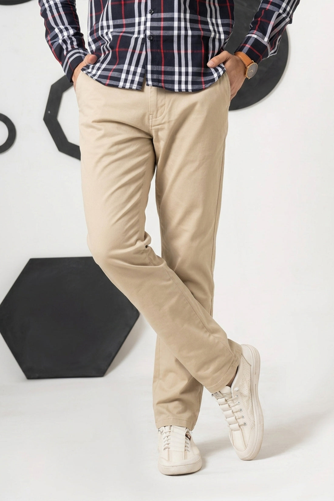Beige Straight Fit Cotton Pant