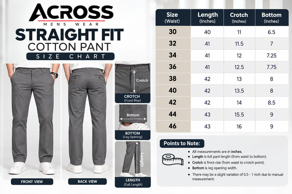 Straight Fit Cotton Pant Size Chart